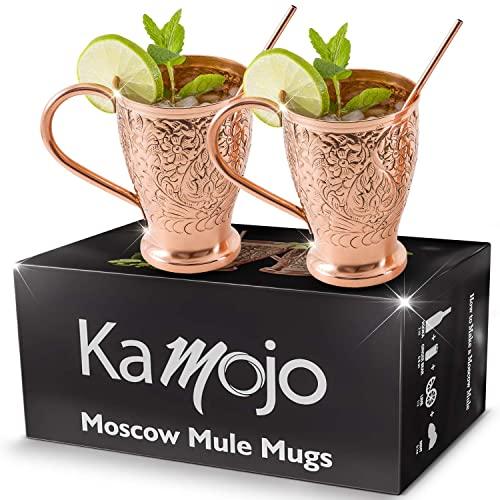 Moscow Mule Copper Mugs - Embossed Set of 2 Pure Copper Cups -2 Straws/Stir Sticks -20 Recipe E-book -Kamojo Exclusive
