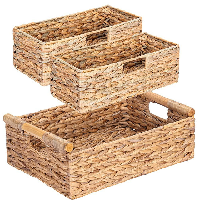VATIMA Large Water Hyacinth Storage Baskets for Organizing with Wooden Handles for Shelves, 2 Bathroom Small Basket, Water Hyacinth Toilet Paper Baskets, Set of Natural Wicker Storage Basket for Home