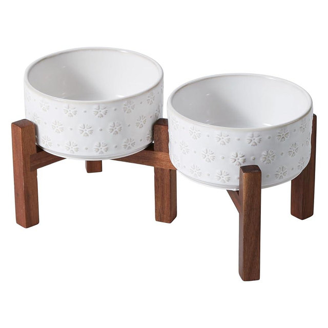 Havniva 6.1inch Ceramic Raised Double Bowls Set with Acacia Wood Stand, 2 Heights Elevated, Food & Water Bowls for Small Breed Dogs, Weighted Dog Dishes, Pet Bowl(28.7OZ, Arctic White)