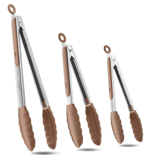 600ºF Heat Resistant Kitchen Tongs, Premium Locking Cooking Tongs with Silicone Tips, Non-Slip Food Tongs for Cooking, Non-Stick, Heavy Duty Stainless Steel Handle, Set of 3-7" 9" and 12" Mud color