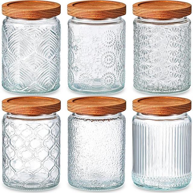 Sumind 6 Pcs Glass Food Storage Containers with Wood Lids 24 oz Airtight Vintage Glass Jar with Lid Decorative Candy Cookie Jar Clear Glass Canisters Kitchen Storage Jars for Coffee Sugar Spice Flour