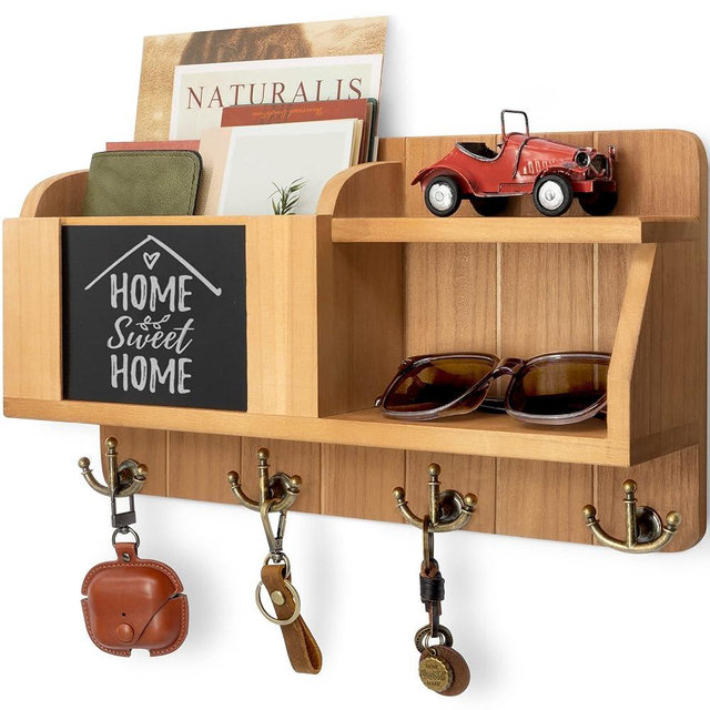 Rebee Vision Farmhouse Key Holder for Wall - Mail Organizer with Chalkboard with 4 Hooks - Rustic Key Hanger for Home Decor