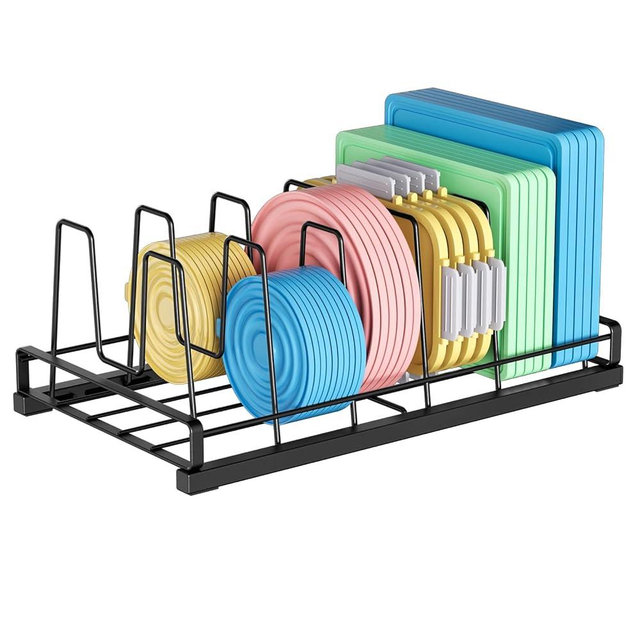 Food Container Lid Organizer for Cabinet, 6 Adjustable Dividers Metal Pot Lid Organizer, Pot and Pan Organizer Under Cabinet Storage Plastic Lids Pots Cookie Sheets for Cabinets, Cupboards, Drawers
