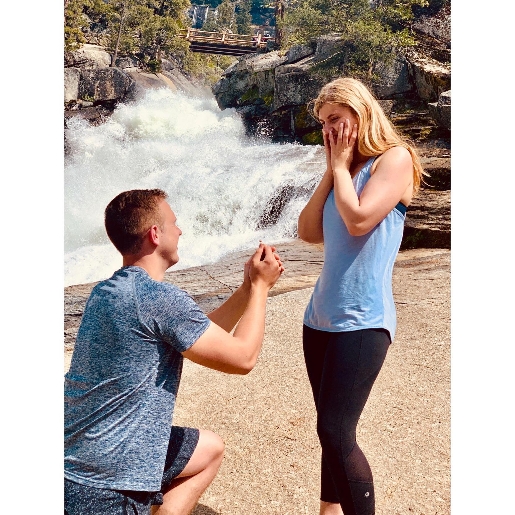 Peter proposing at Vernal Falls in Yosemite National Park, California.
