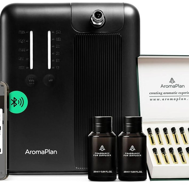 AromaPlan 5 Star Collection Cold Air Scent Diffuser, Whole House (Includes 2 Fragrances & 12 Set Sample kit) - Smart Scent Diffuser, HVAC System- Touch & App, 2000 Sq. Ft Cov. (Black)