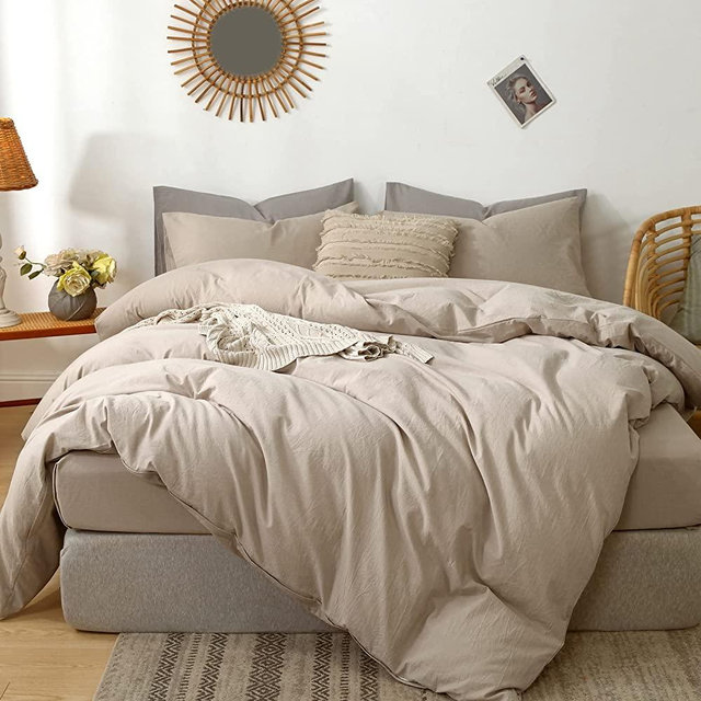 MooMee Bedding Duvet Cover Set 100% Washed Cotton Linen Like Textured Breathable Durable Soft Comfy (Taupe, Queen Size)
