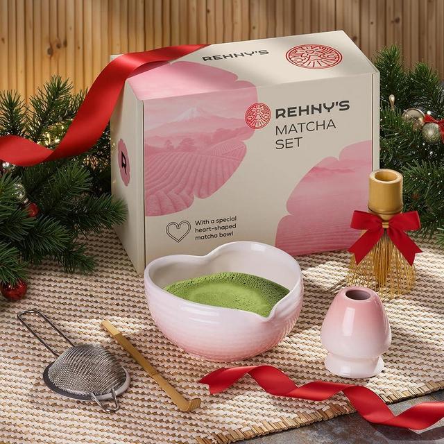 Rehny’s Matcha Whisk Set | Complete Matcha Set w/Heart-Shaped Bowl, Bamboo Whisk, Holder, Stainless Steel Sifter, Bamboo Scoop | Christmas Gift Present Macha Kit Handmade Bowl | Macha Powder Tea Kit