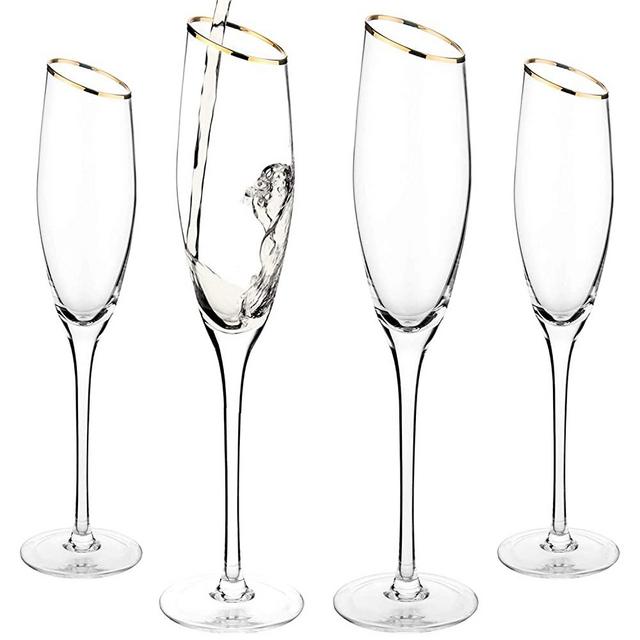 MyGift 6 oz Champagne Flute Glasses with Gold-Tone Rim, Set of 4