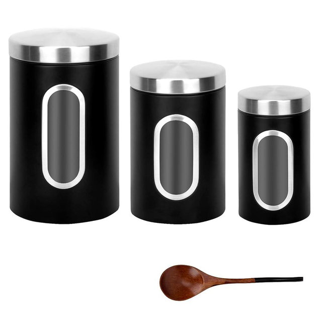 AEUNKIUO Black Kitchen Counter Canister set 3 pieces, 0.9/1.6/2.9 Quarts Stainless Steel Flour Sugar Tea Coffee Biscult Storage Containers with with Long Wood Spoon&Visible