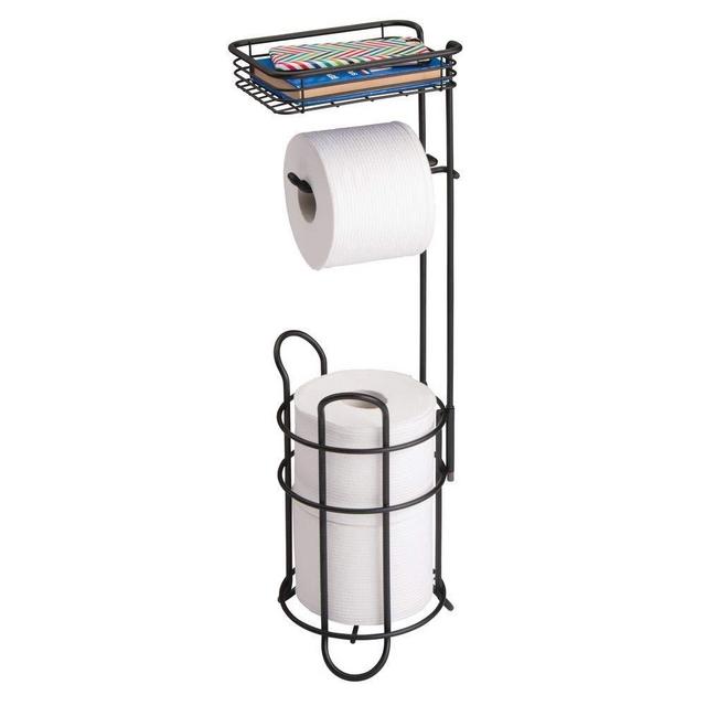 mDesign Freestanding Metal Wire Toilet Paper Roll Holder Stand and Dispenser with Storage Shelf for Cell, Mobile Phone - Bathroom Storage Organization - Holds 3 Mega Rolls - Matte Black