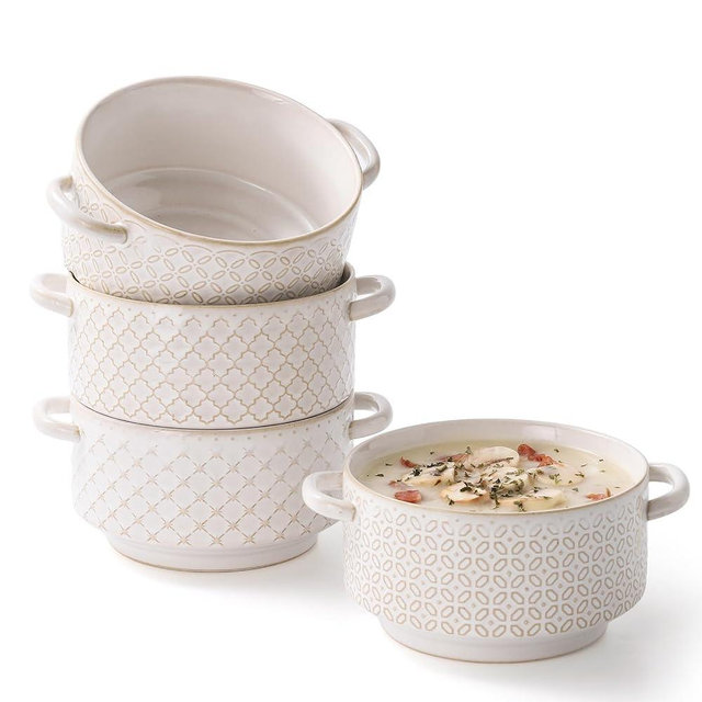 DOWAN Soup Bowls with Handles, Oven Safe French Onion Soup Bowls, 26 oz Large Soup Bowl for Chilli, Beef Stew, Ceramic Soup Crocks Set of 4, Microwave & Dishwasher Safe