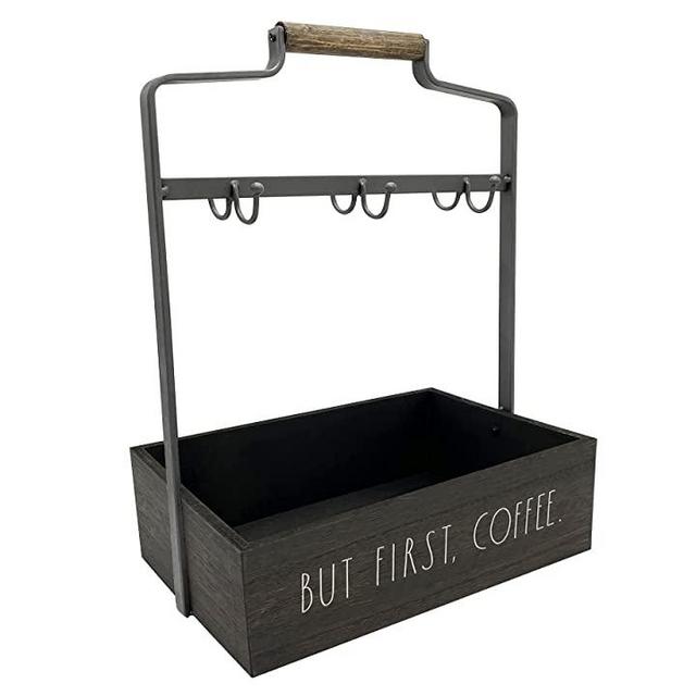 Rae Dunn Coffee Mug Holder - 6 Hook Coffee Cup Rack with Rectangular Rustic Style Crockery Holder - Storage or Display - Mug Stand Organizer for Kitchen Counter or Cafe Countertop - "But First Coffee"