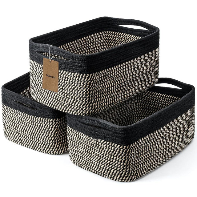 Maxuni 3-Pack Shelf Baskets for Organizing, Closet Organizer Bins, Small Woven Baskets, Rope Toy Basket, Storage Basket for Shelves, Cube Decorative Box, 11.8×7.8×5.1”, Black Brown