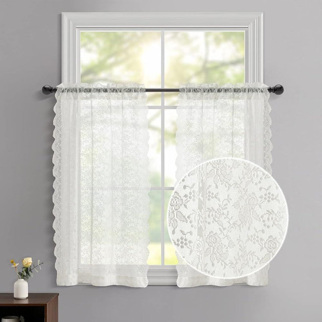 FINECITY Cafe Curtains 30 Inch Length 2 Panels Set for Kitchen, Country Floral Pattern Lace Tier Curtains for Small Window, Rod Pocket Privacy Sheer Tier Curtains, 25 x 30 Inch, Ivory