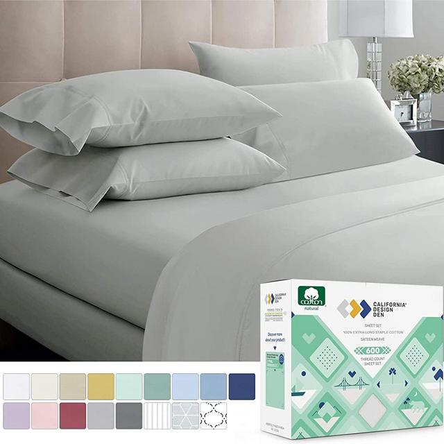 California Design Den 600 Thread Count 100% Cotton Sheets – Light Grey Extra Long-Staple Cotton Full Sheets, Fits Mattress 16'' Deep Pocket, Sateen Weave, Soft Cotton 4 Piece Bed Sheets Set