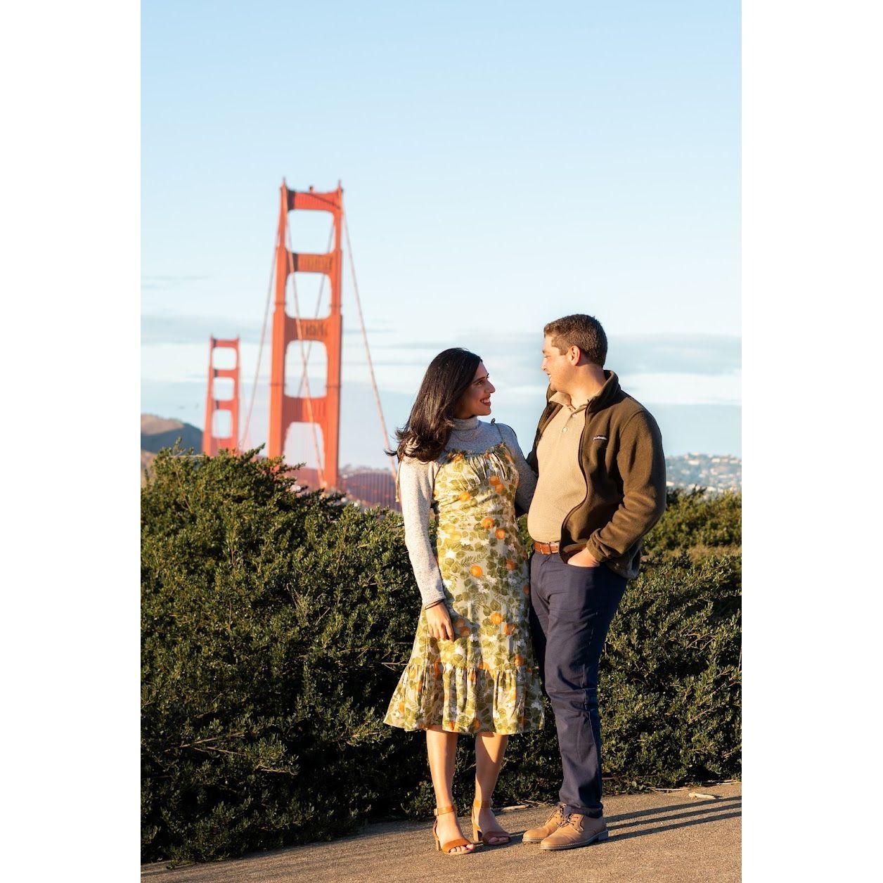 The evening of our civil ceremony! It was an unusually chilly evening for November, but golden hour was gorgeous with the sun glowing right on our ceremony site, near Golden Gate bridge.