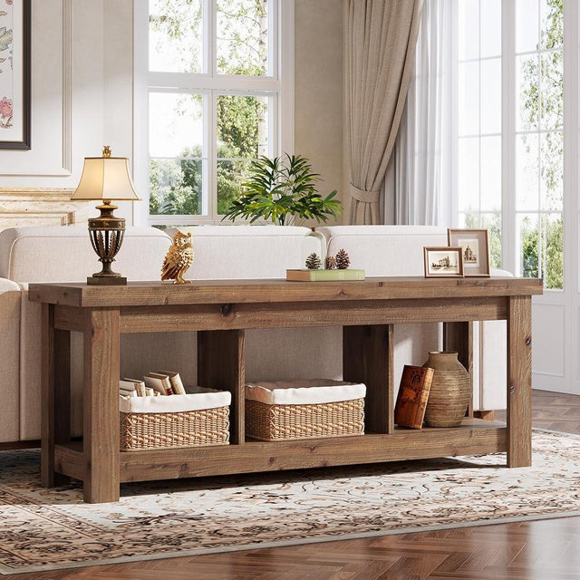 Tribesigns 63" Solid Wood Console Table with Storage, Long Entryway & Sofa Table for Behind Couch, Farmhouse Hallway Accent for Living Room, 63" TV Console Stand, Natural Finish