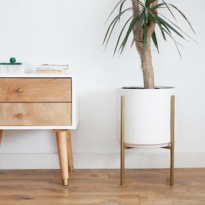 Large - Mid-century Modern Cylinder Planter set with Gold Stand - 12" Ceramic Pot