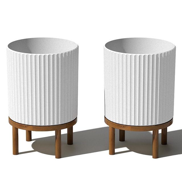 Veradek Demi Series Round Planter w/Stand for Porch/Patio | Durable Plastic-Concrete & Wooden Stand | Modern Décor for Tall Plants, Flowers