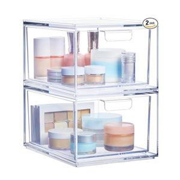 STORi Audrey Stackable Clear Bin Plastic Organizer Drawers | 2 Piece Set | Organize Cosmetics and Beauty Supplies on a Vanity | Made in USA