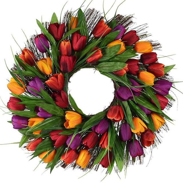 17inch Tulip Wreath Door Wreath,Artificial Flower Tulip Floral Twig Door Wreath Spring Wreath for Front Door Mother Day’s Wreath