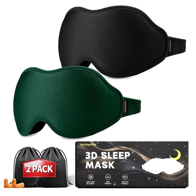 Sleep Masks for Women Men - Blackout Eye Cover for Lash Extension, 3D Contoured Sleep Mask for Side Sleeper, Soft Memory Foam, Sleep Masks for Travel, Airplane, Night(Cloud Black, Cloud Green)