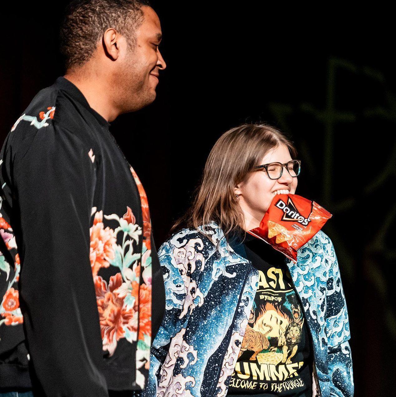 Rachel and Chris's first dare – to open a bag of Doritos with no hands!