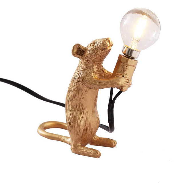 Modern Cute LED Resin Animal Rat Desk Lights Art Mouse Children's Bedside Gift Table Lamp Small Mini Mouse Light (Gold Standing)