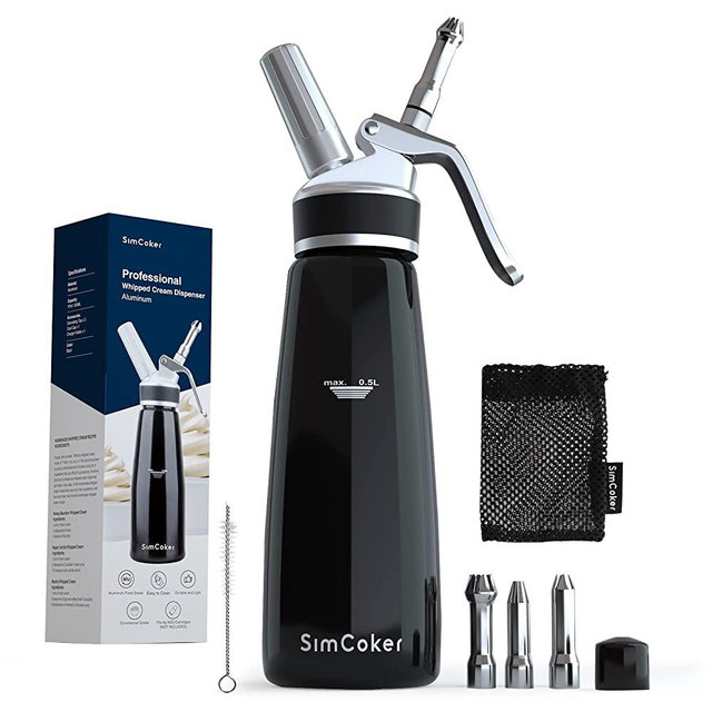 SimCoker Whipped Cream Dispenser, Aluminum Cream Whipper 500mL/1 Pint,3 Stainless Culinary Decorating Nozzles, 1 Brush, 1 Storage Bag, Homemade Cream Maker, N2O Chargers Not Included