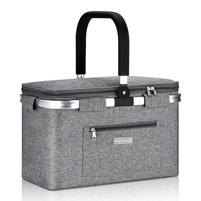 HulaFish Foldable Insulated Picnic Basket with lid 32L Extra Large Insulated Bag for Picnic, Food Delivery, Take Outs, Grocery Shopping, and as Cooler Bag. Foldable Design Compact (Padded Handle Grey)