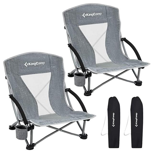 KingCamp Low Folding Beach Chairs for Adults,Portable Lightweight Low/High Back Beach Sling Chair with Headrest,Cup Holder,Carry Bag Armrest,Foldable Chair for Sand Camping Concert Travel,300LBS