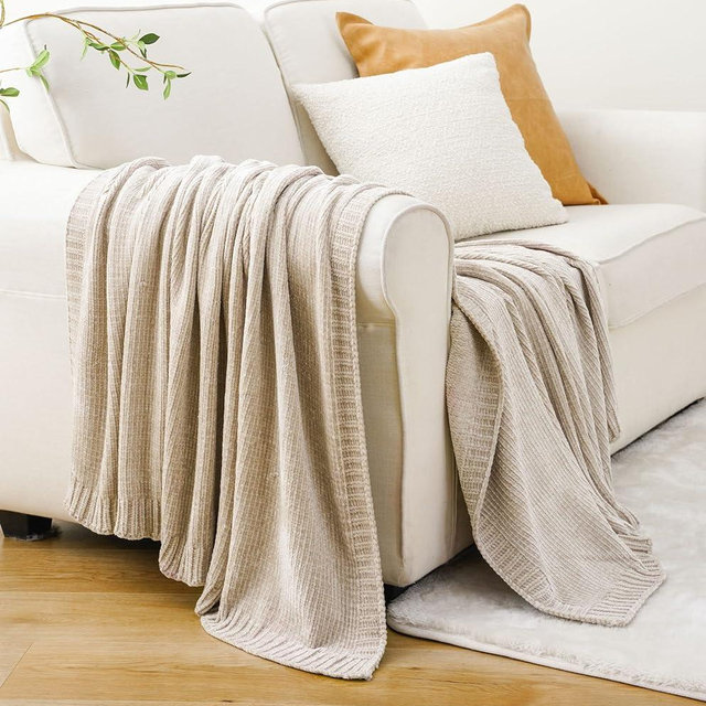BATTILO HOME Chenille Knit Throw Blanket for Couch, Cozy Beige Throw Blanket for Home Decor, Neutral Throw Blanket for Sofa Chair 51"x67"