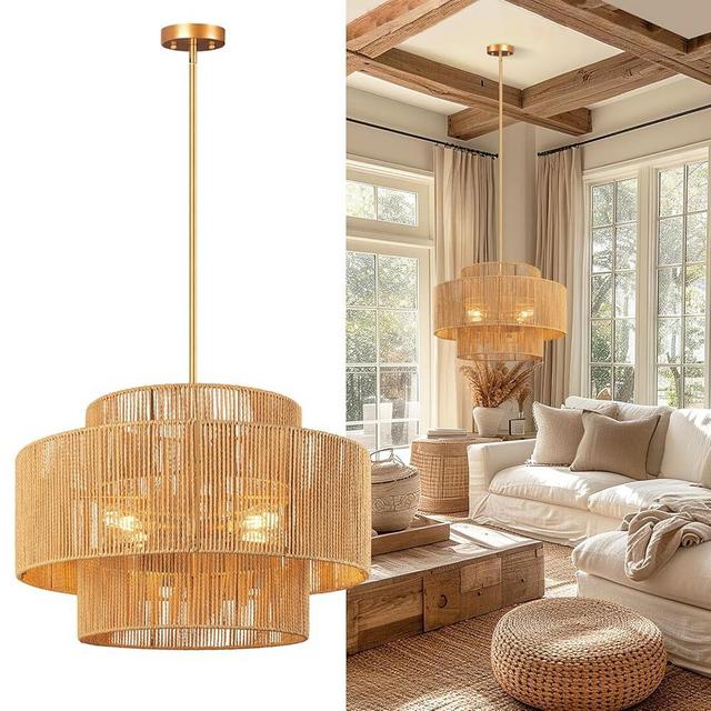 CLARSYNE 24'' Boho Rattan Chandelier, 4-Light Hand-Woven Wicker Pendant Lamp, Rustic Modern Ceiling Light Fixture for Dining Room, Kitchen Island, Living Room, Bedroom, Foyer, Entryway, Over Table
