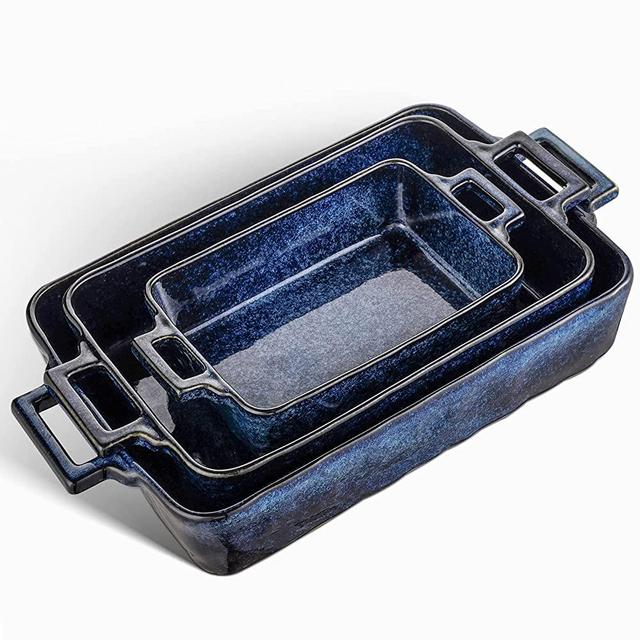 VICRAYS Ceramic Bakeware Set, Porcelain Rectangular Baking Dish, Baking Pan Lasagna Pans Casserole Dish Set for Cooking, Kitchen, Cake Dinner, Banquet and Daily Use, 3 PCS, 15 x 8.5 Inches (Blue)