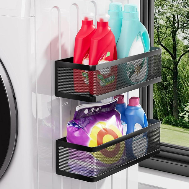 WOCUBEHOME 2-Pack Laundry Room Organization, Magnetic Shelves with Tall Guardrails to Prevent Falling - Strong Magnet Organizer for Washing Machine, Refrigerator, Kitchen & Pantry