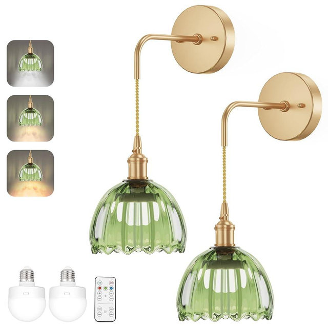 Kavedod Battery Operated Wall Sconces CCT Dimmable Wireless Sconces Set of 2, Vintage Light Fixture with Green Tulip Glass Lampshade Wall Decor Set of 2 for Living Room Bedroom Bedside Bathroom