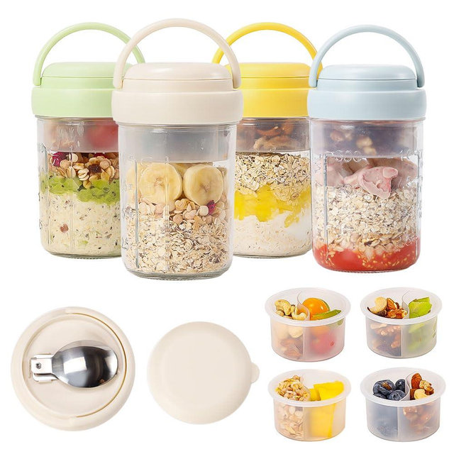 4 Pack Overnight Oats Containers with Lids and Handles, Folding Spoons & Divided Compartments for Fruit & Nuts, 16oz Glass Mason Jars for Oatmeal Yogurt Container with lids (Blue/Cream/Yellow/Green)