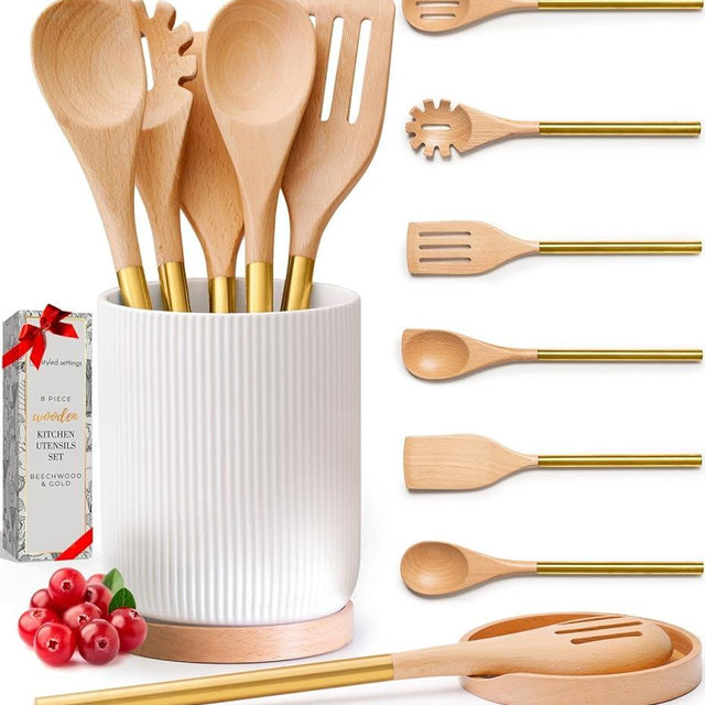 Wooden Cooking Utensils Set – 8 PC Set Includes Wood and Gold Kitchen Utensils, White Utensil Holder, & Wooden Spoon Rest – Durable and Stylish Kitchen Tools for Cooking and Serving