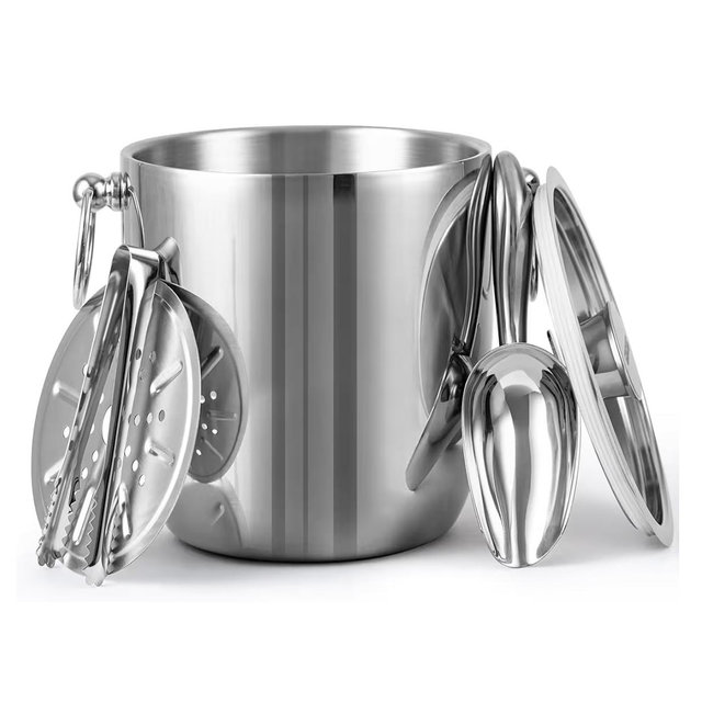 Insulated Ice Bucket, 3L Double Wall Stainless Steel Ice Bucket with Tongs,Lid, Scoop and Strainer