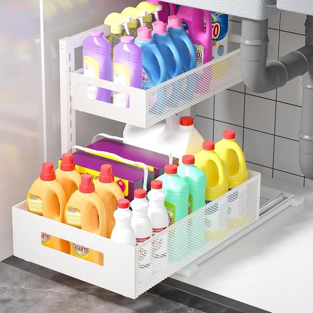 TISTAYA Pull-out Under Kitchen Sink Organizer, Metal Functional Under Sink Organizer, Height Adjustable Under Bathroom Sink Organizer, Under Sink Storage for Kitchen Bathroom Cabinet (White)