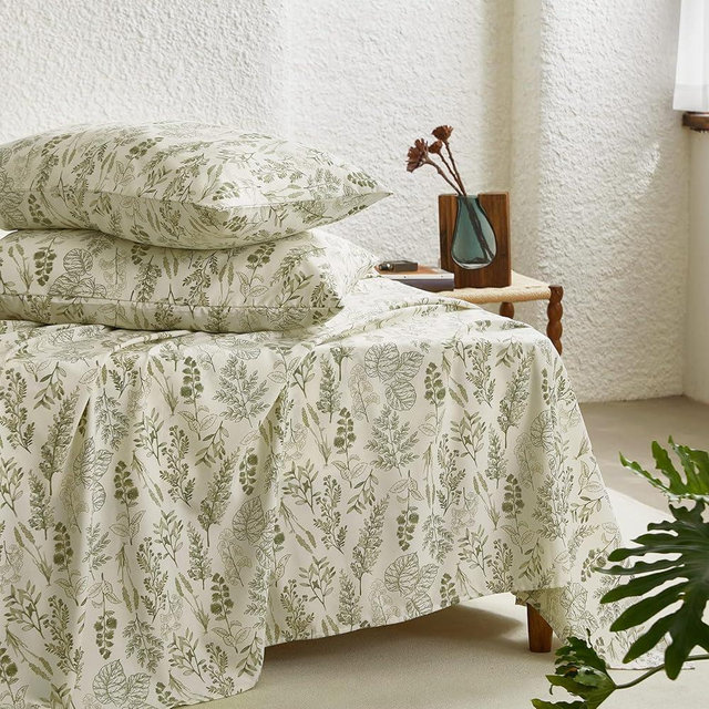 Wake In Cloud - Botanical Bed Sheets, 4-Piece Sheet Set, Floral Shabby Chic Leaves Pattern Printed Coquette Vintage Aesthetic Bedding, Deep Pocket, Olive Green, King Size