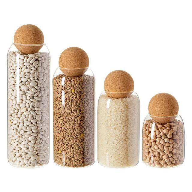 Set of 4 Cork Ball Lid Glass Jars, Tall Food Storage Containers for Pantry, Coffee Storage (4 Sizes)
