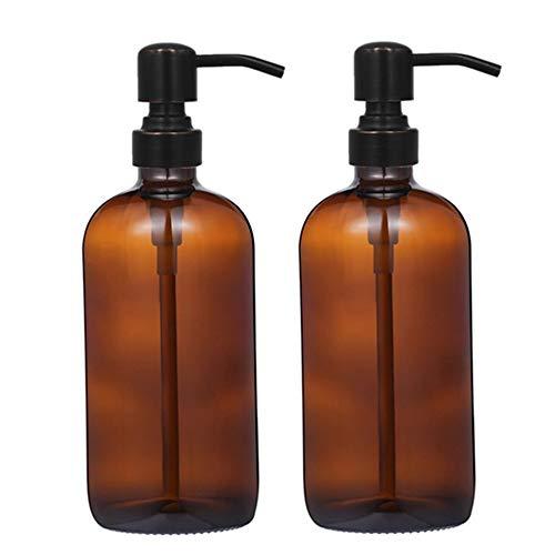 CHBKT 2 Pack Thick Amber Glass Boston Round Bottles/Oil Rubbed Bronze Stainless Steel Pumps, 16 Ounce Jar Soap Dispenser with Rustproof Pump for Essential Oil, Liquid Soap