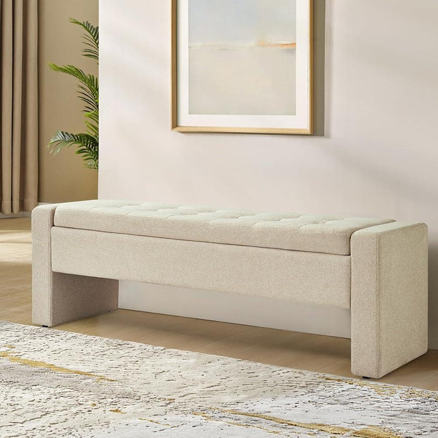 The support you need 55" Modern Upholstered Storage Bench with Tufted Seat, Fabric Ottoman Bench for Bedroom, Entryway, or Living Room, Soft Close Hinge,Linen