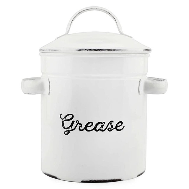 AuldHome Enamelware Grease Container with Strainer, Farmhouse Style Kitchen StorageTin, Labeled “Grease”