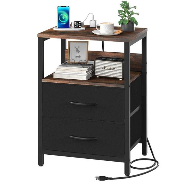 Yoobure Nightstand with Charging Station, Small Night Stand with Fabric Drawers and Storage Shelf for Bedrooms, Nightstands for Small Spaces, Bedside Table with USB Ports & Outlets, Bed Side Table