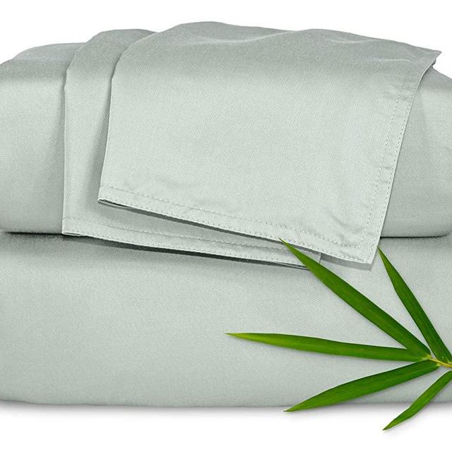 Pure Bamboo Sheets Queen Size Bed Sheets 4 Piece Set, 100% Organic Bamboo, Luxuriously Soft & Cooling, Double Stitching, 16" Deep Pockets, 1 Fitted, 1 Flat, 2 Pillowcases (Queen, Sea Glass)