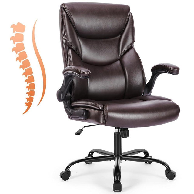 Sweetcrispy Computer Gaming Chair, Ergonomic Office Chair High Back Heavy Duty Task Desk Chair with Flip-up Arms, PU Leather, Adjustable Swivel Rolling Chair with Wheels, Brown