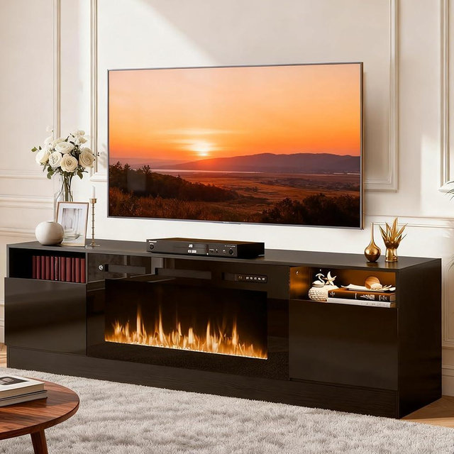 MXV 70" Fireplace TV Stand for TVs Up to 80", LED Light Entertainment Center with 36" Electric Fireplace, Modern Wood Texture TV Media Console with Highlight Storage Cabinet, Black-Black