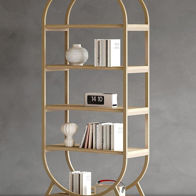 Kogven Bookshelf Arched Bookcase, Industrial 5 Tier Open Book Shelves with Metal Frame, 72" Tall Freestanding Display Rack for Home Office, Living Room,Nature Wood and Gold